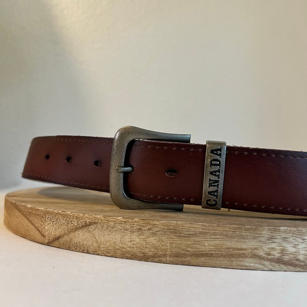 Brown Genuine Leather CANADA Embellished Silver Tip Belt Unisex Size Large - Picture 8 of 9